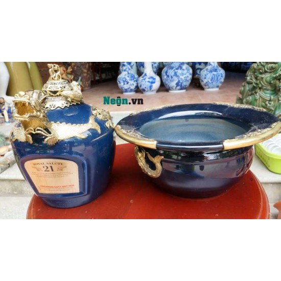 Điếu bát Chivas xanh cô ban họa tiết cá chép hóa rồng DB242 Điếu bát Chivas xanh cô ban họa tiết cá chép hóa rồng DB242