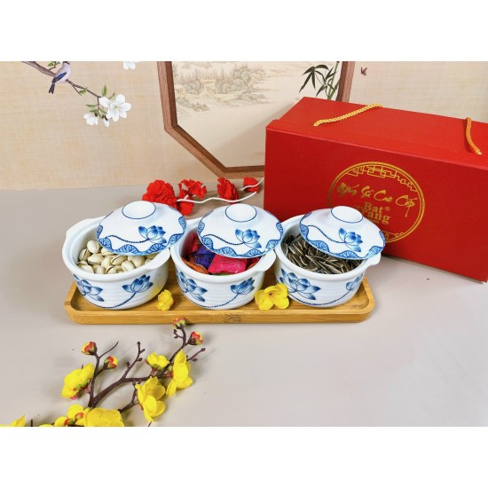 Bộ 3 hũ đựng mứt Tết bằng sứ (khay gỗ)