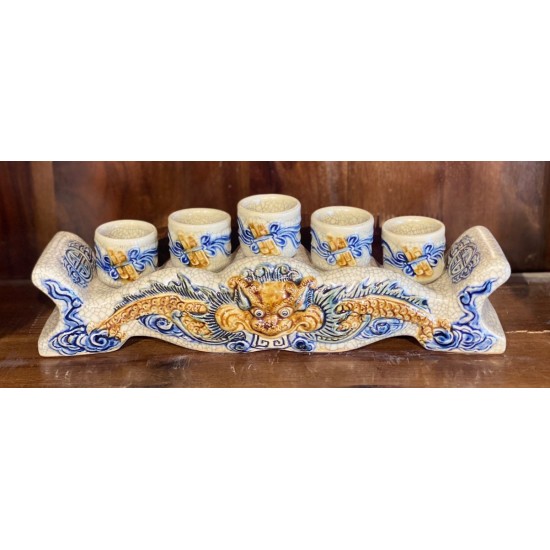 Bộ kỷ ngai 5 chén thờ men rạn đắp nổi rồng KN01R