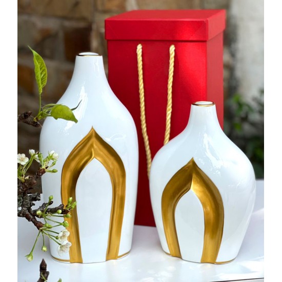 Bộ 2 bình gốm decor nghệ thuật vẽ nhũ vàng DE04