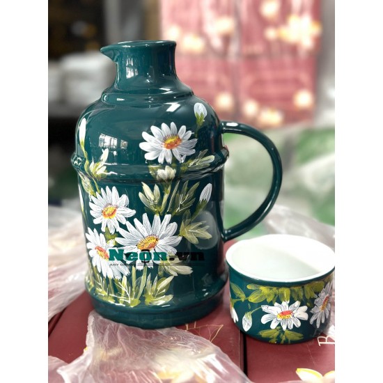 Phích nước sứ Bát Tràng xanh cổ vịt vẽ hoa cúc trắng