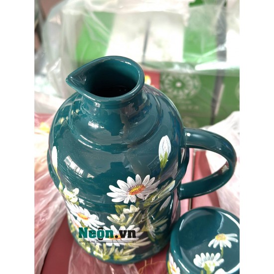 Phích nước sứ Bát Tràng xanh cổ vịt vẽ hoa cúc trắng