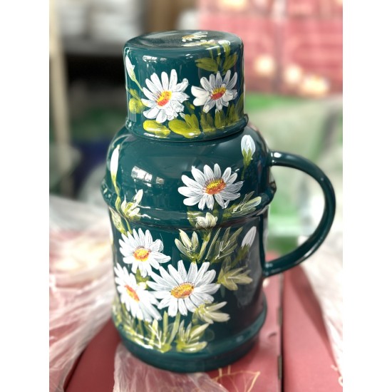 Phích nước sứ Bát Tràng xanh cổ vịt vẽ hoa cúc trắng