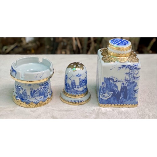 Bộ ấm tích pha trà xanh Bát Tràng vẽ cảnh trúc lâm thất hiền bọc đồng AT08A Bộ ấm tích pha trà xanh Bát Tràng vẽ cảnh trúc lâm thất hiền bọc đồng AT08A