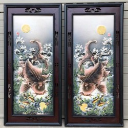 Tranh gốm Lý Ngư Vọng Nguyệt đắp nổi TG07A