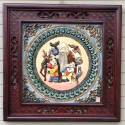 Tranh gốm đắp nổi ông Thọ khung gỗ gụ Bát Tràng TG11